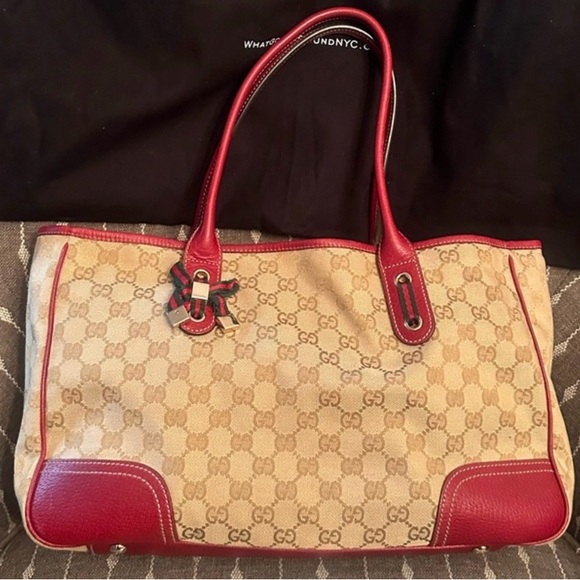 Auth *Gucci🌸Beige and Red GG Monogram Tote Bag- GUC - Picture 11 of 17